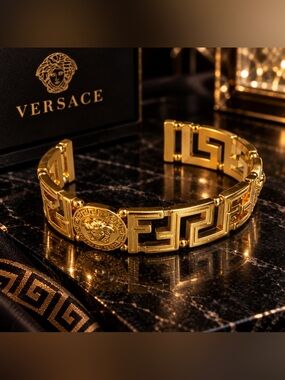 Versace Gold Medusa Greek Key Open Cuff Bracelet